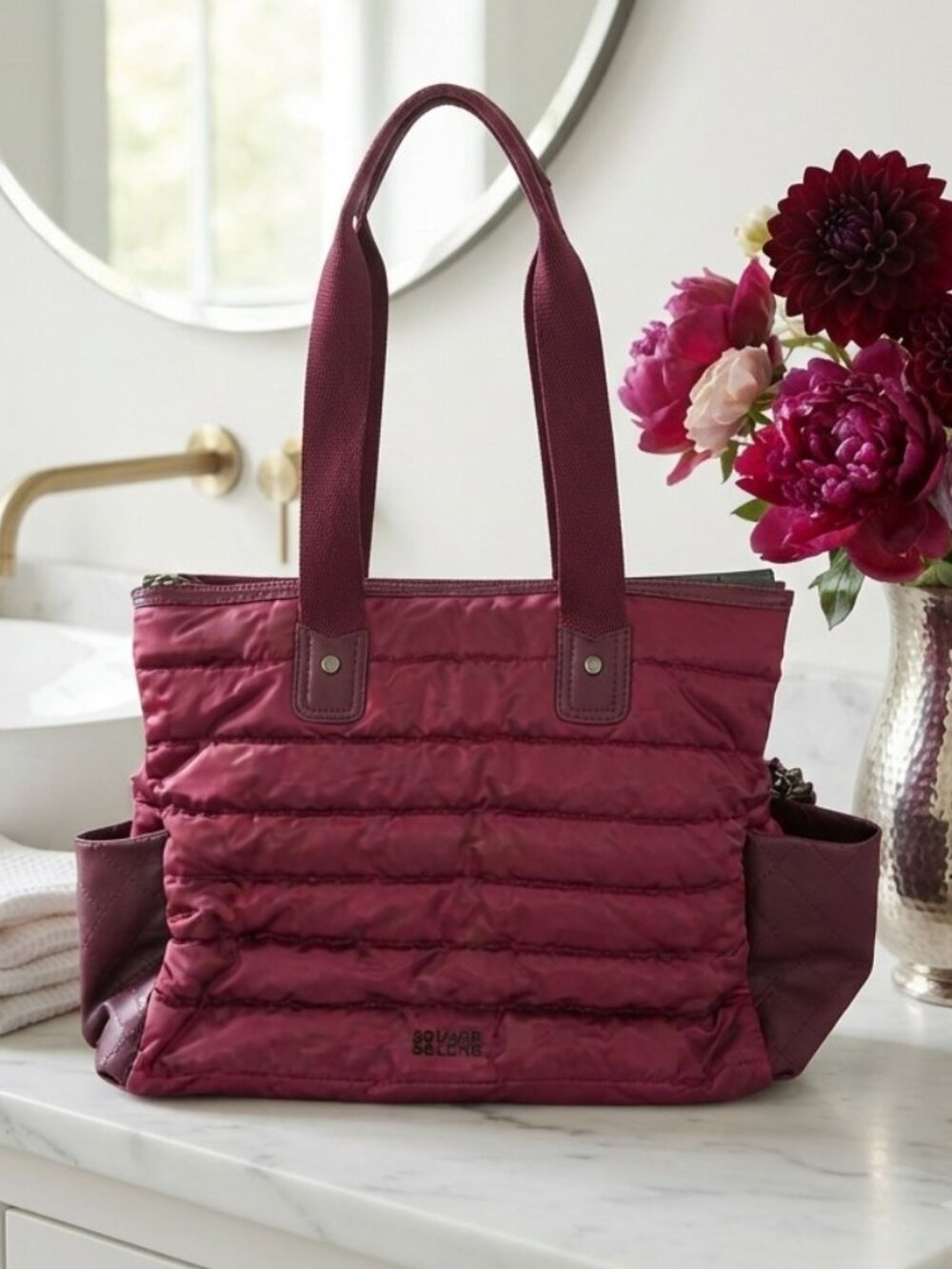 Sol and Selene Two to Tango Puffer Tote | Burgundy Quilted Nylon Shoulder Tote
